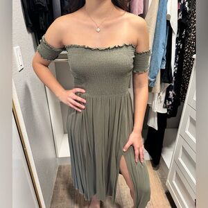 Lulu’s off-the-shoulder olive dress